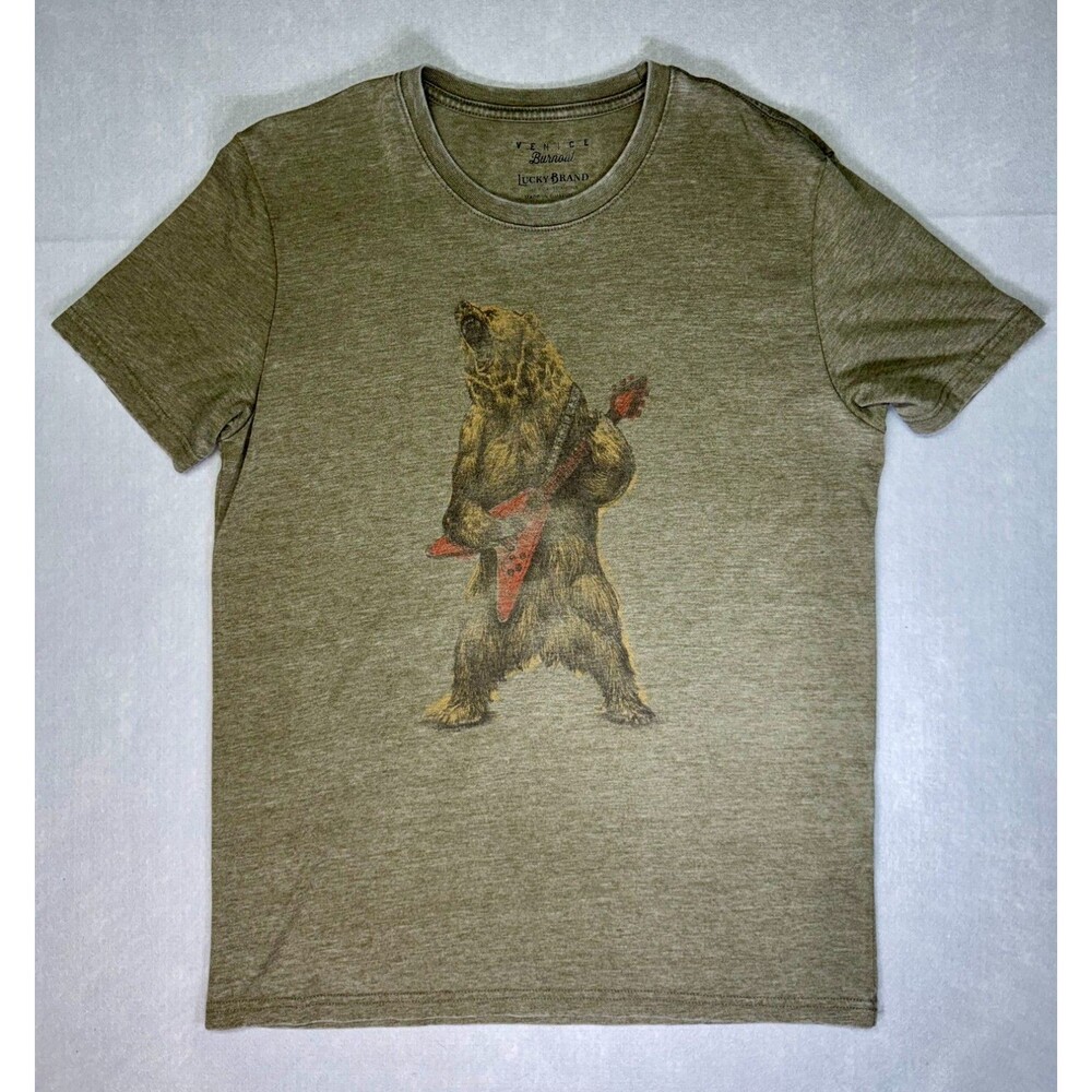 LUCKY BRAND Venice Burnout Rocker Bear/Guitar Soft Men's Medium Green T-Shirt